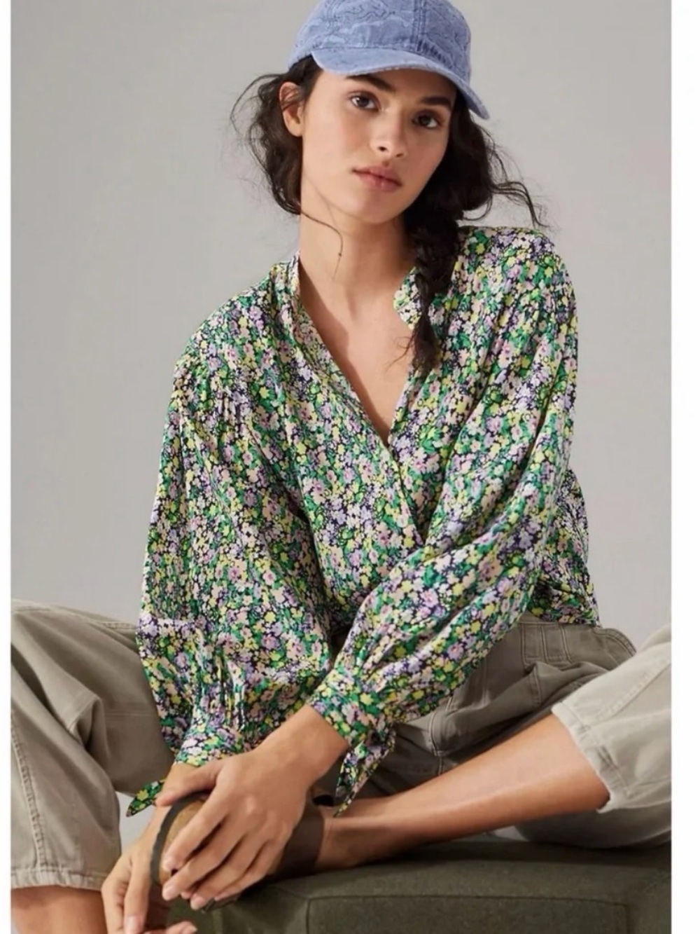 Maeve by Anthropologie Green Multi Floral V-Neck Balloon-Sleeve Blouse
